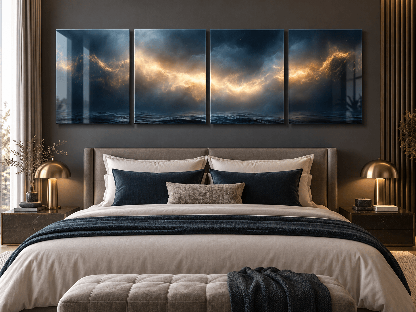 Golden storm ocean 4-piece glass wall art above a bed with navy pillows and brass lamps